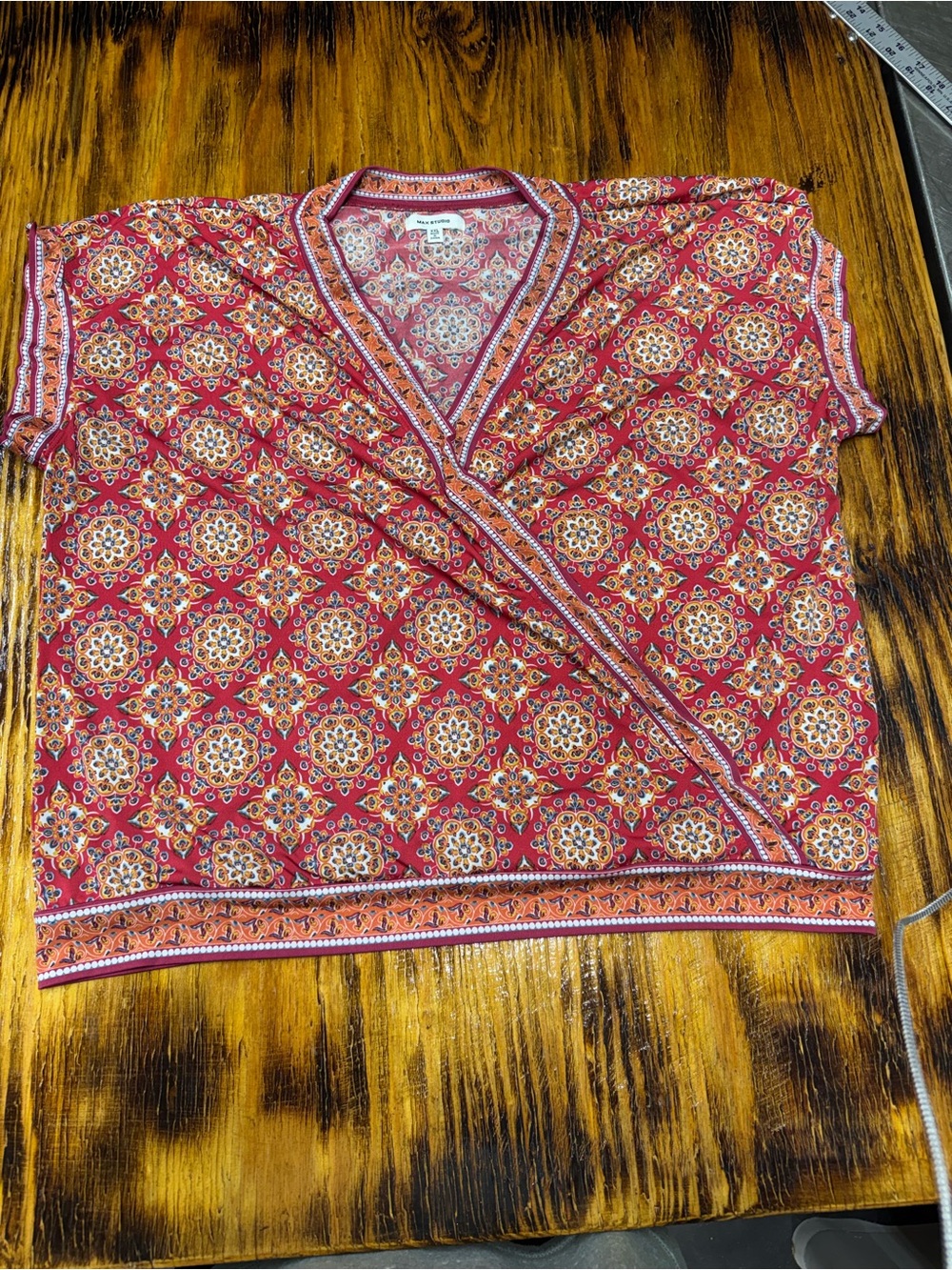 Max Studio Red Printed Surplice Wrap Tunic